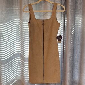 Tan Ribbed Midi Sheath Dress with Square Neck for Night Out